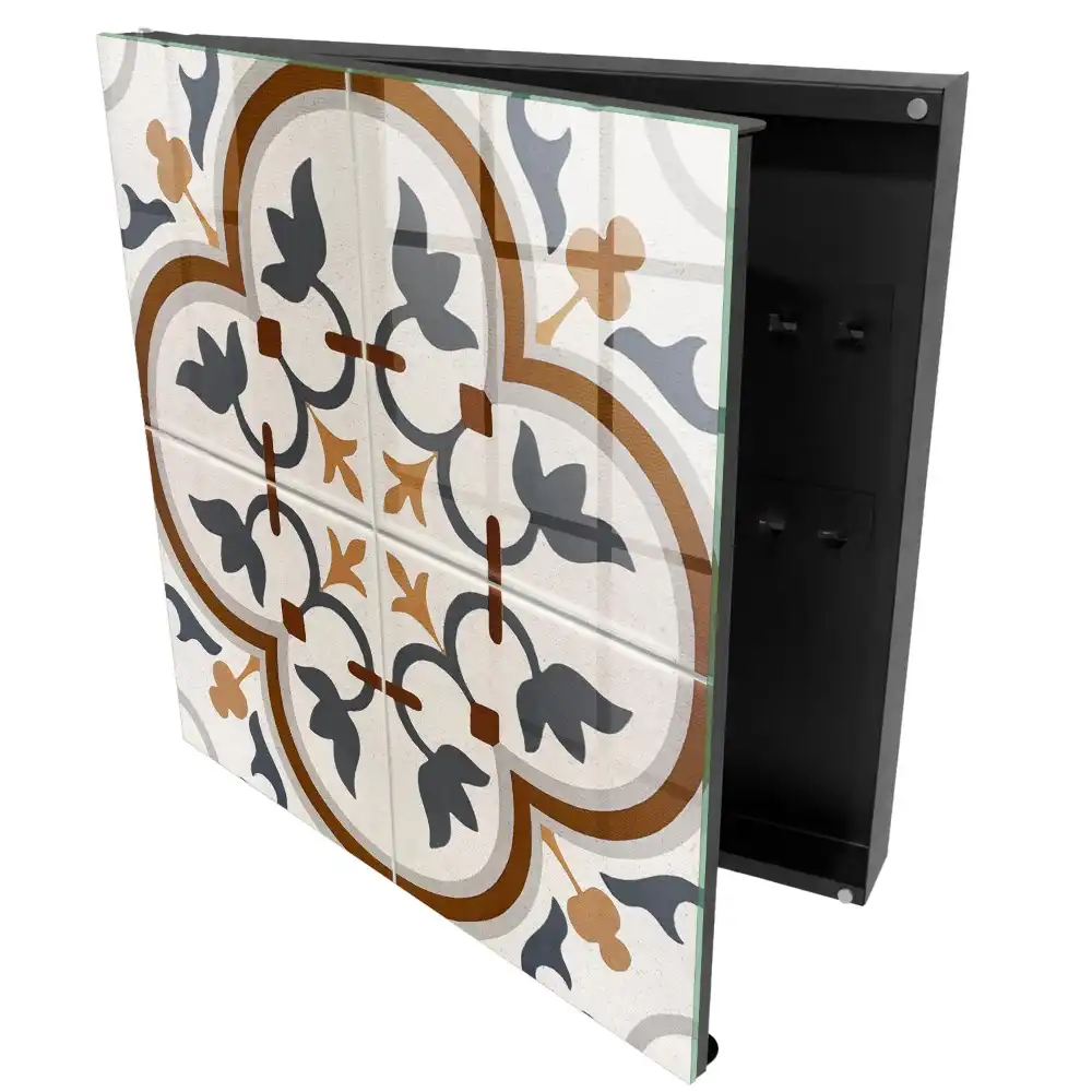 Cutie pentru chei de perete cu design geometric floral în nuanțe de bej și gri