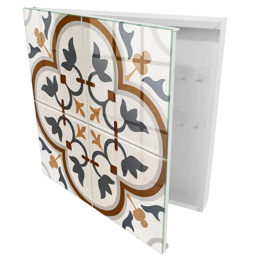 Cutie pentru chei de perete cu design geometric floral în nuanțe de bej și gri