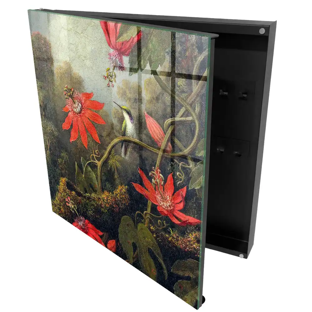 Casetă pentru chei cu model de flori exotice și colibri în pădure