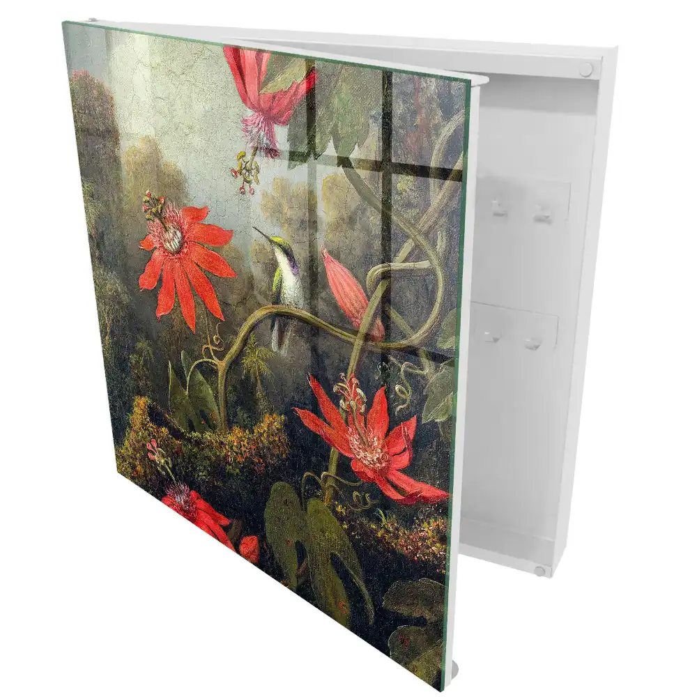 Casetă pentru chei cu model de flori exotice și colibri în pădure