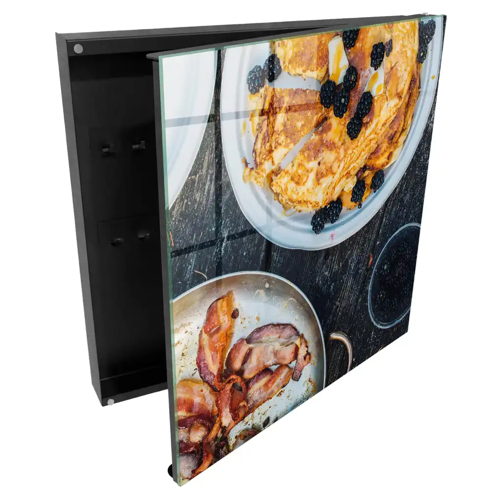 Casetă pentru chei din lemn cu model clătite cu mure și bacon
