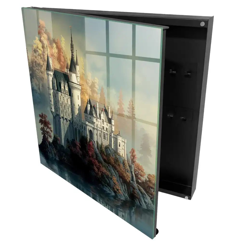 Casetă de chei cu imaginea unui castel printre copacii de toamnă lângă apă