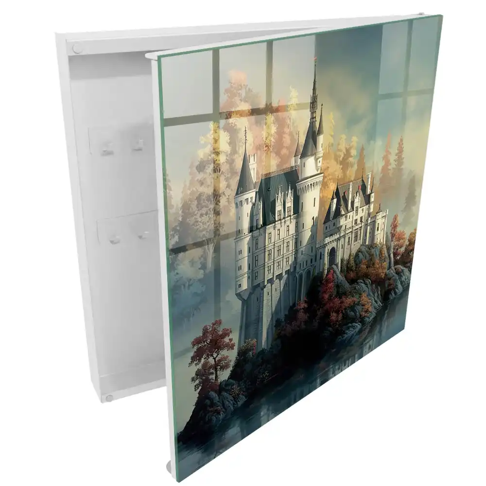 Casetă de chei cu imaginea unui castel printre copacii de toamnă lângă apă