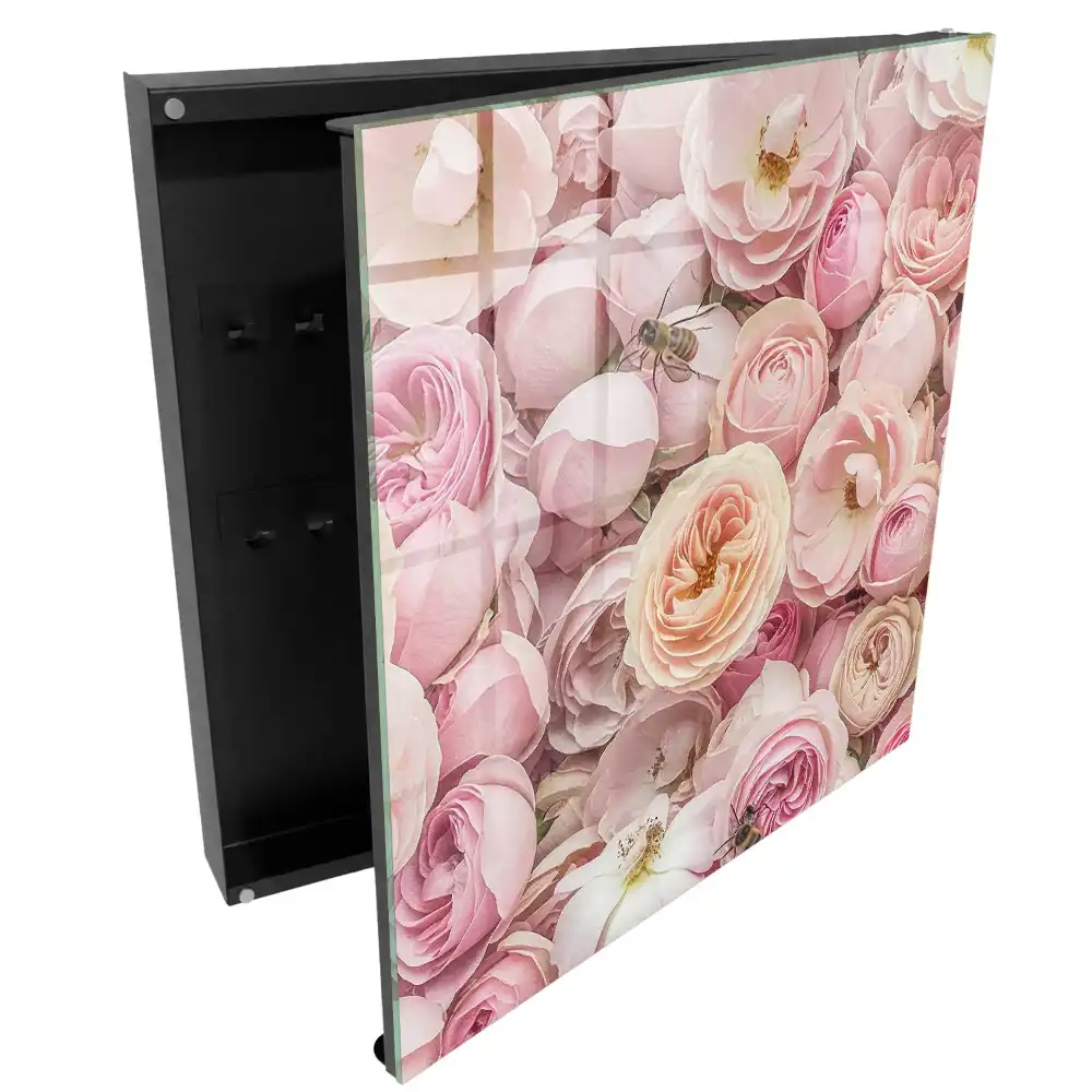 Casetă pentru chei cu design trandafiri și albine în culori delicate
