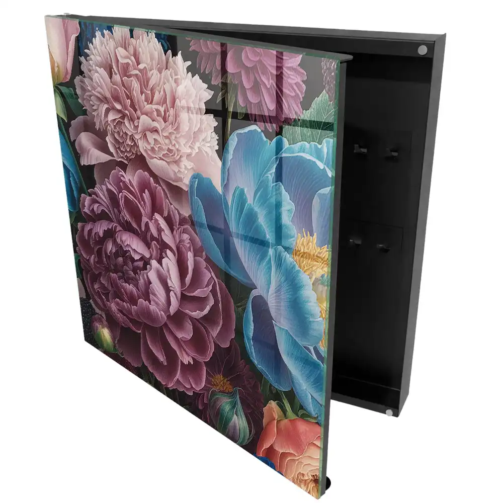 Casetă pentru chei cu model de flori colorate pe fundal negru