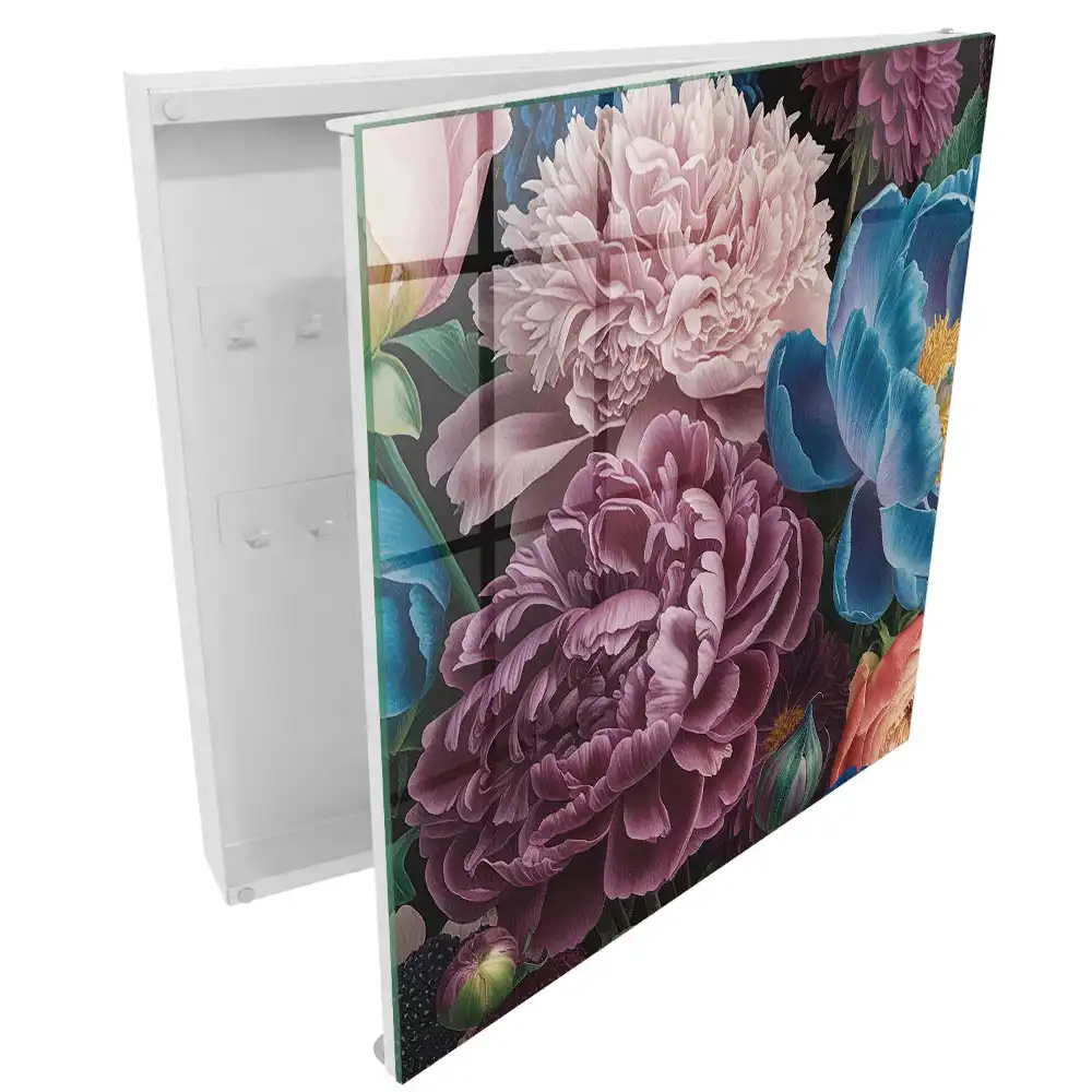 Casetă pentru chei cu model de flori colorate pe fundal negru