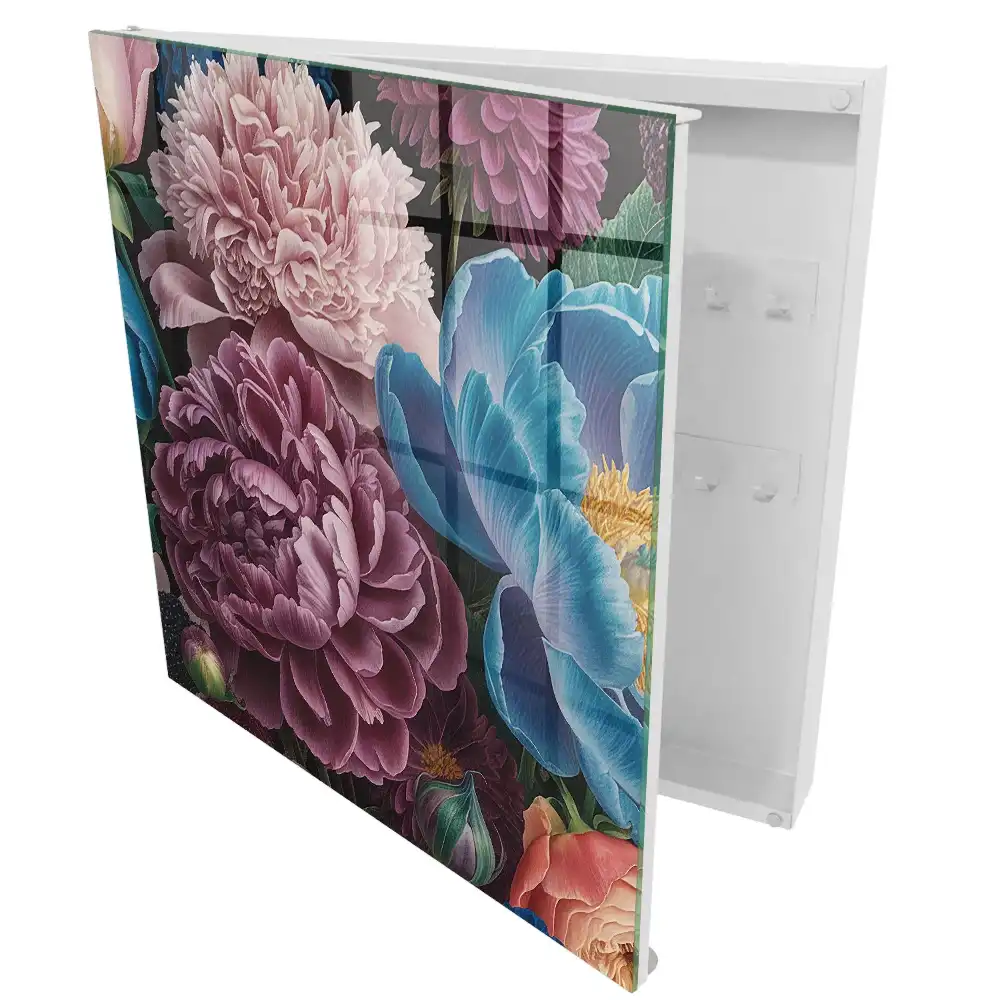 Casetă pentru chei cu model de flori colorate pe fundal negru