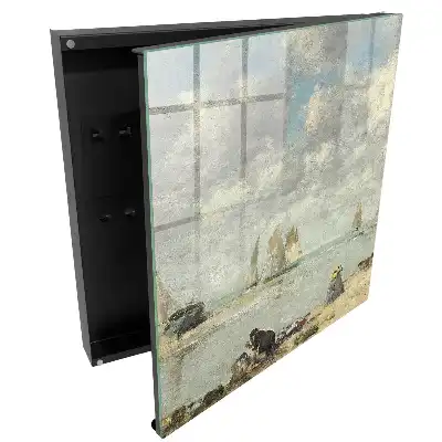 Casetă pentru chei cu design marin reprezentând bărci cu pânze și figuri pe țărm