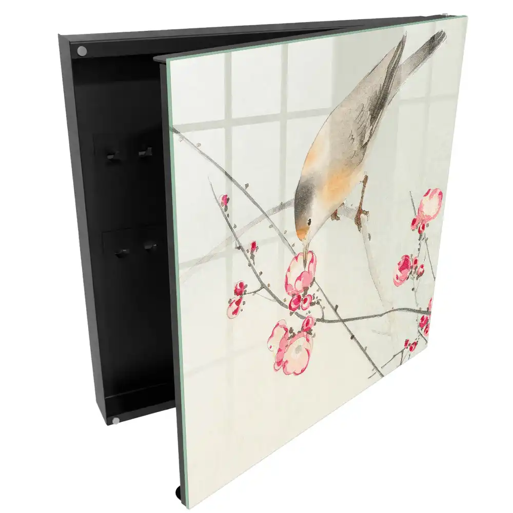 Casetă pentru chei cu model decorativ pasăre pe creangă cu flori delicate