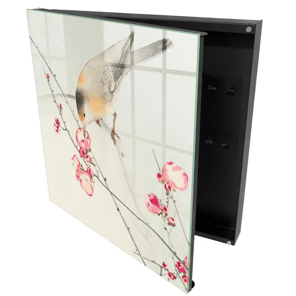 Casetă pentru chei cu model decorativ pasăre pe creangă cu flori delicate