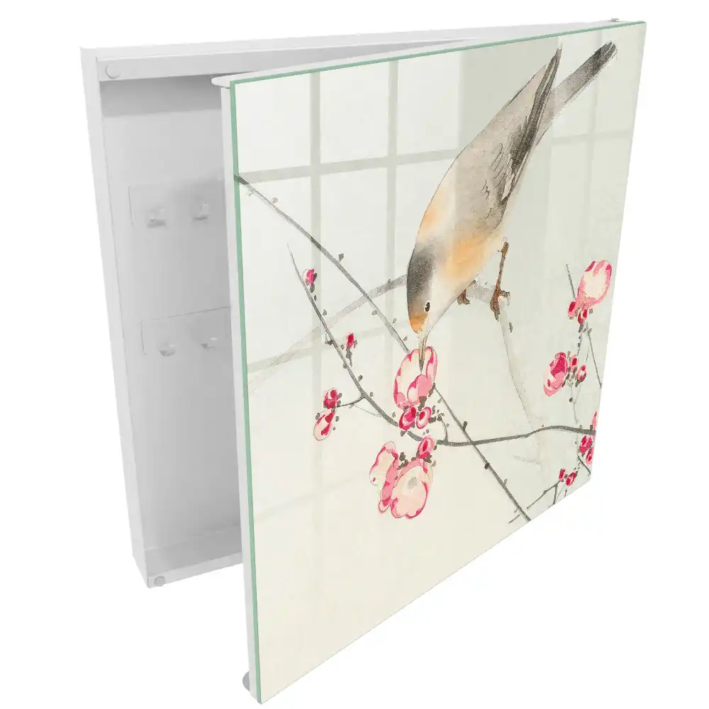 Casetă pentru chei cu model decorativ pasăre pe creangă cu flori delicate