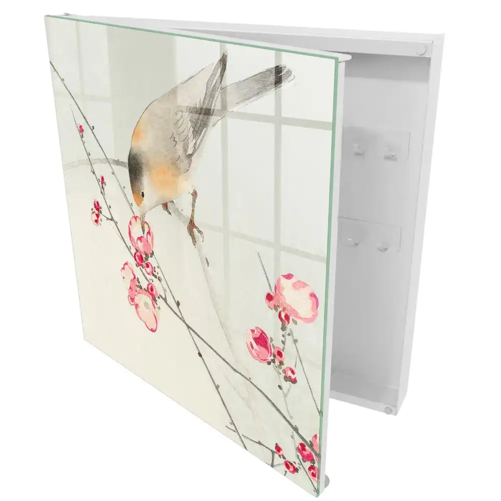 Casetă pentru chei cu model decorativ pasăre pe creangă cu flori delicate