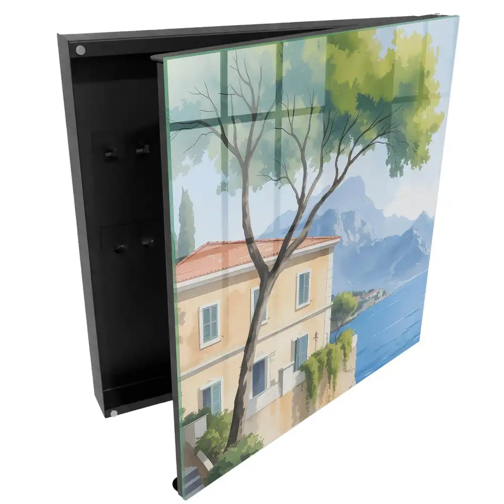 Casetă pentru chei cu design de casă mediteraneană pe lac