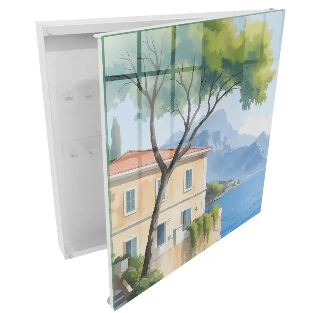 Casetă pentru chei cu design de casă mediteraneană pe lac