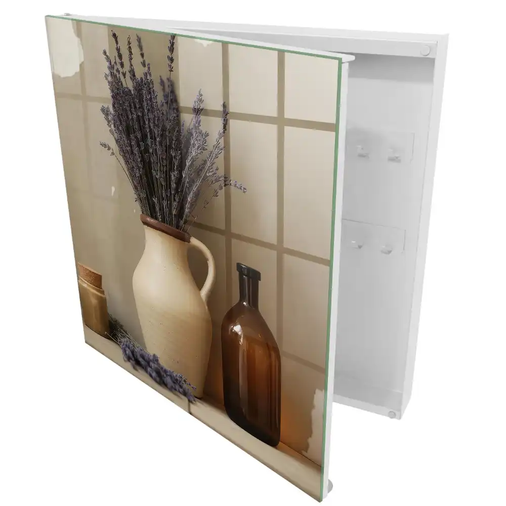 Casetă pentru chei cu decor de lavandă uscată și vază crem