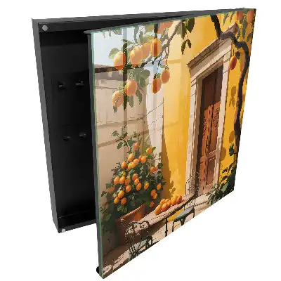Suport pentru chei de perete cu design de terasă însorită cu portocale și scaune metalice