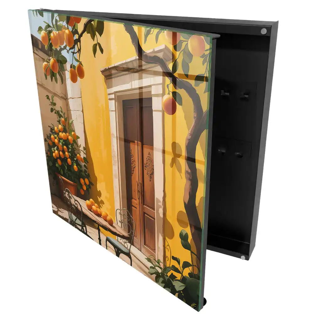 Suport pentru chei de perete cu design de terasă însorită cu portocale și scaune metalice
