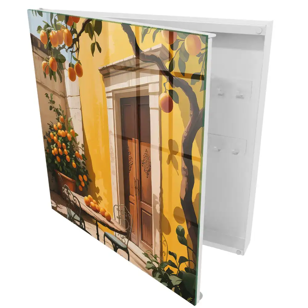 Suport pentru chei de perete cu design de terasă însorită cu portocale și scaune metalice