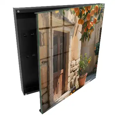 Casetă pentru chei cu design rustic și decor cu portocale pe fundal de piatră