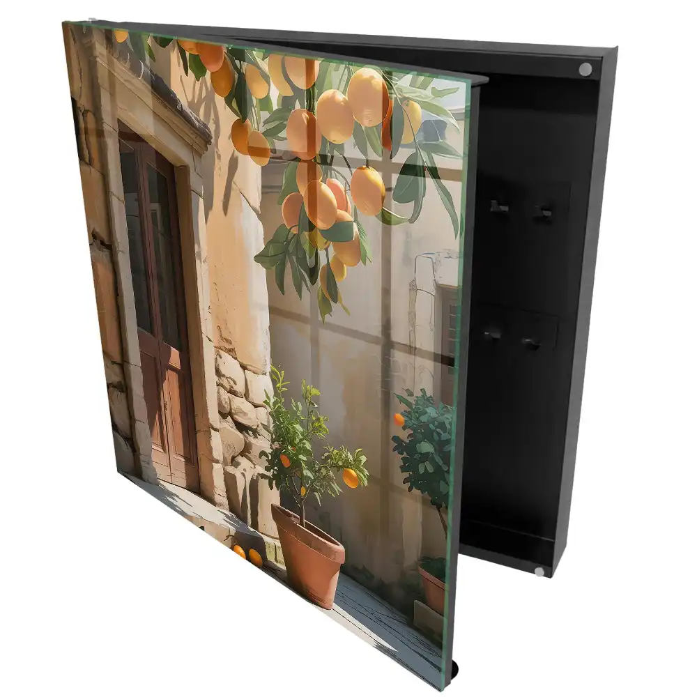 Casetă pentru chei cu design rustic și decor cu portocale pe fundal de piatră