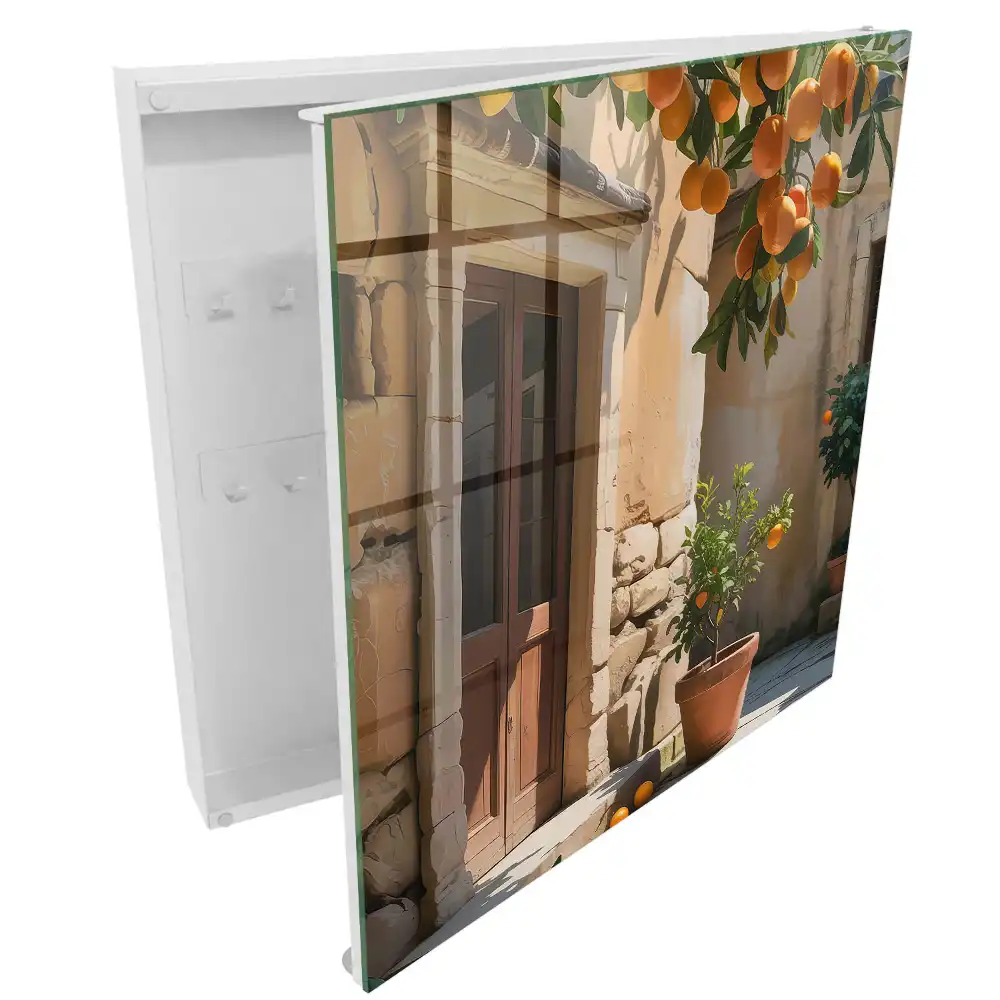 Casetă pentru chei cu design rustic și decor cu portocale pe fundal de piatră