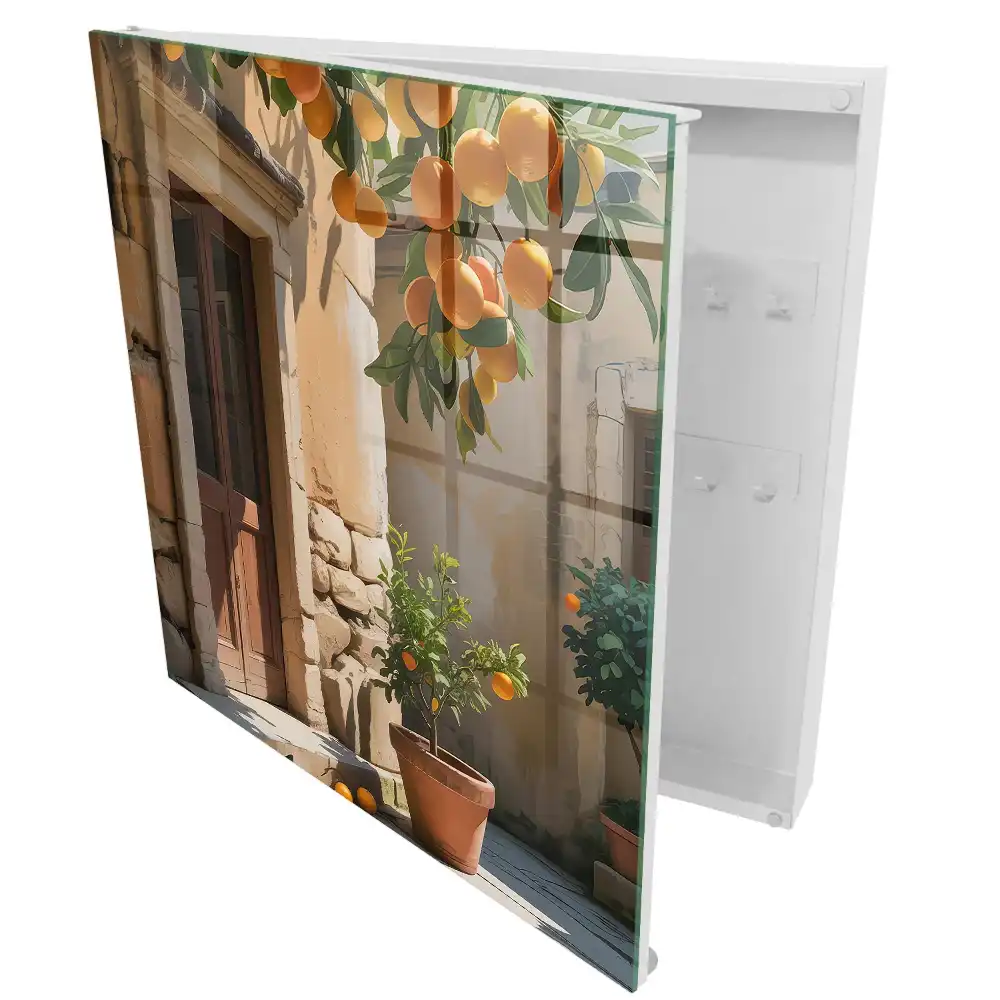 Casetă pentru chei cu design rustic și decor cu portocale pe fundal de piatră