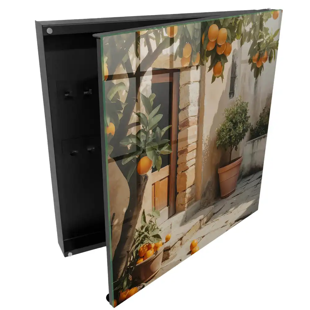 Suport de chei pentru perete cu design de portocal lângă o clădire veche