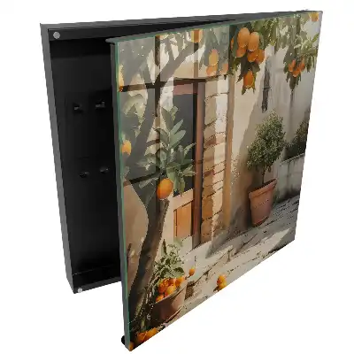 Suport de chei pentru perete cu design de portocal lângă o clădire veche