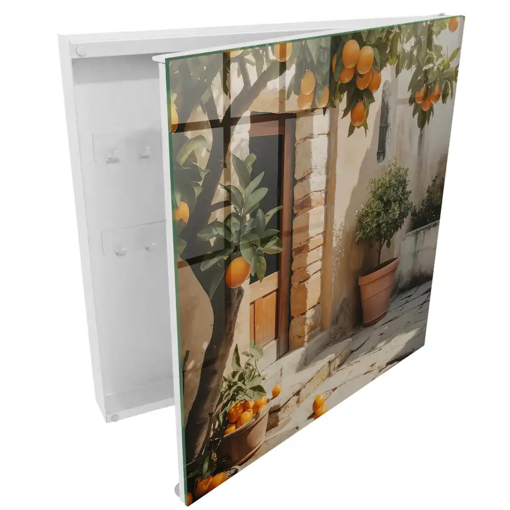 Suport de chei pentru perete cu design de portocal lângă o clădire veche