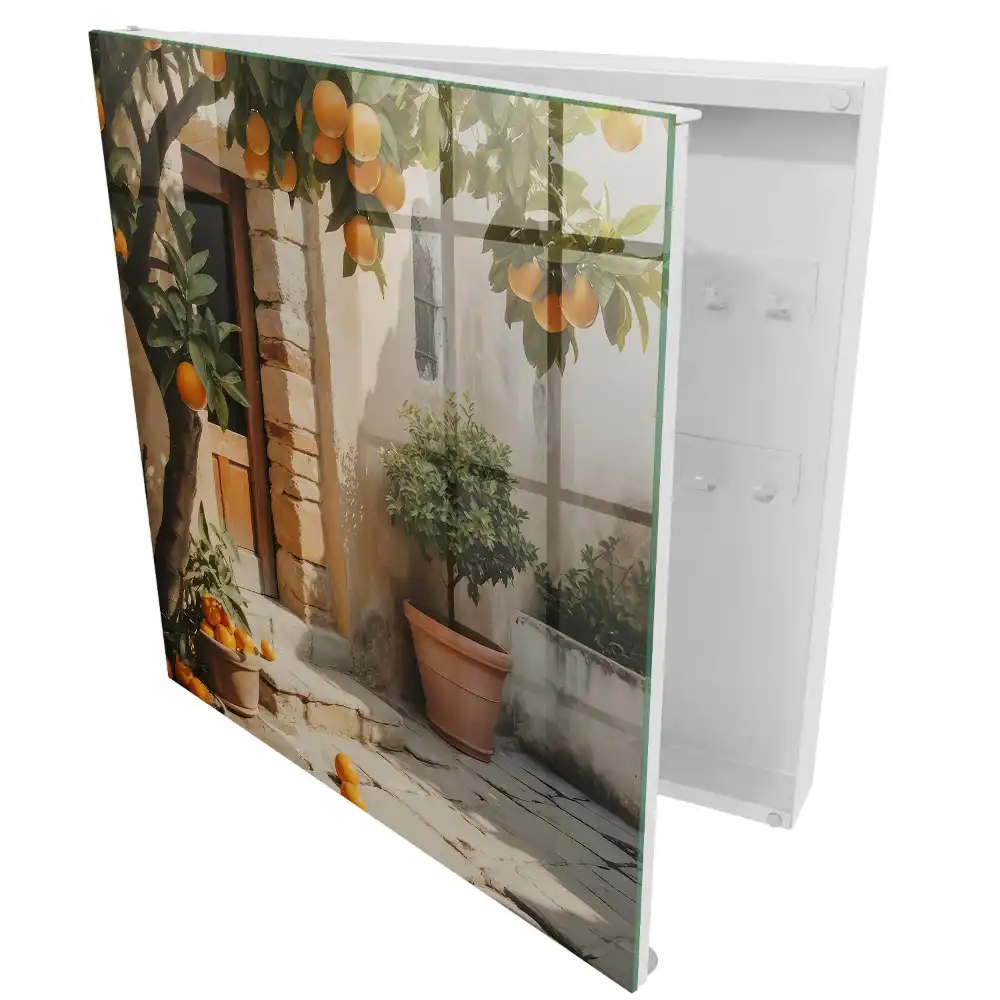 Suport de chei pentru perete cu design de portocal lângă o clădire veche