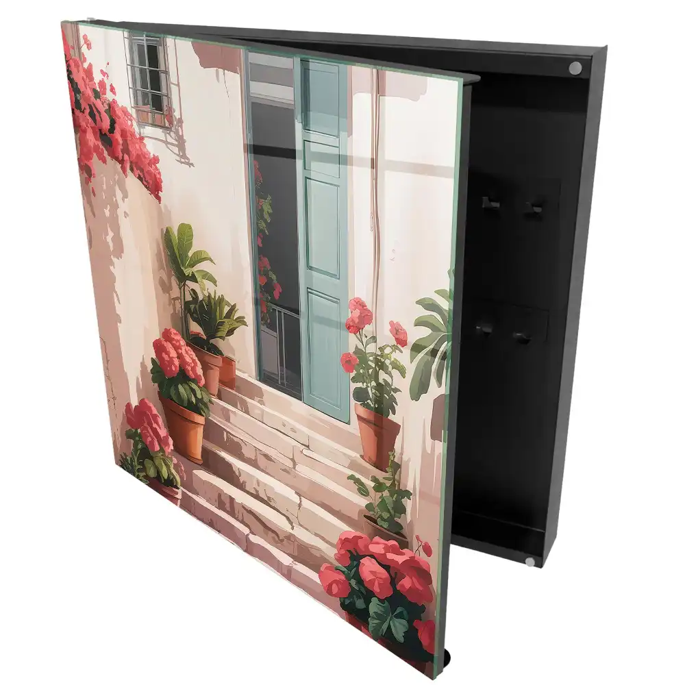 Casetă pentru chei cu model de flori în ghivece pe scări
