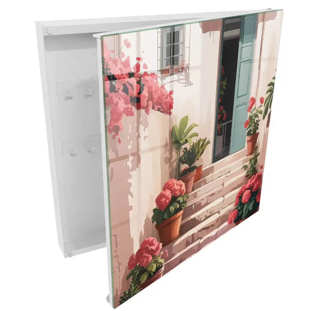 Casetă pentru chei cu model de flori în ghivece pe scări