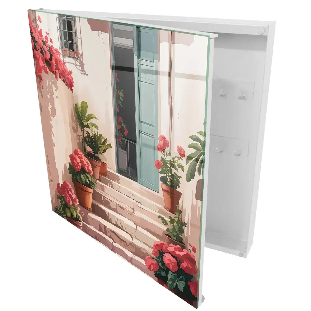 Casetă pentru chei cu model de flori în ghivece pe scări