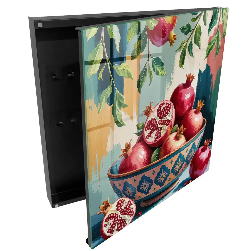Casetă pentru chei cu design de rodii într-un bol decorativ