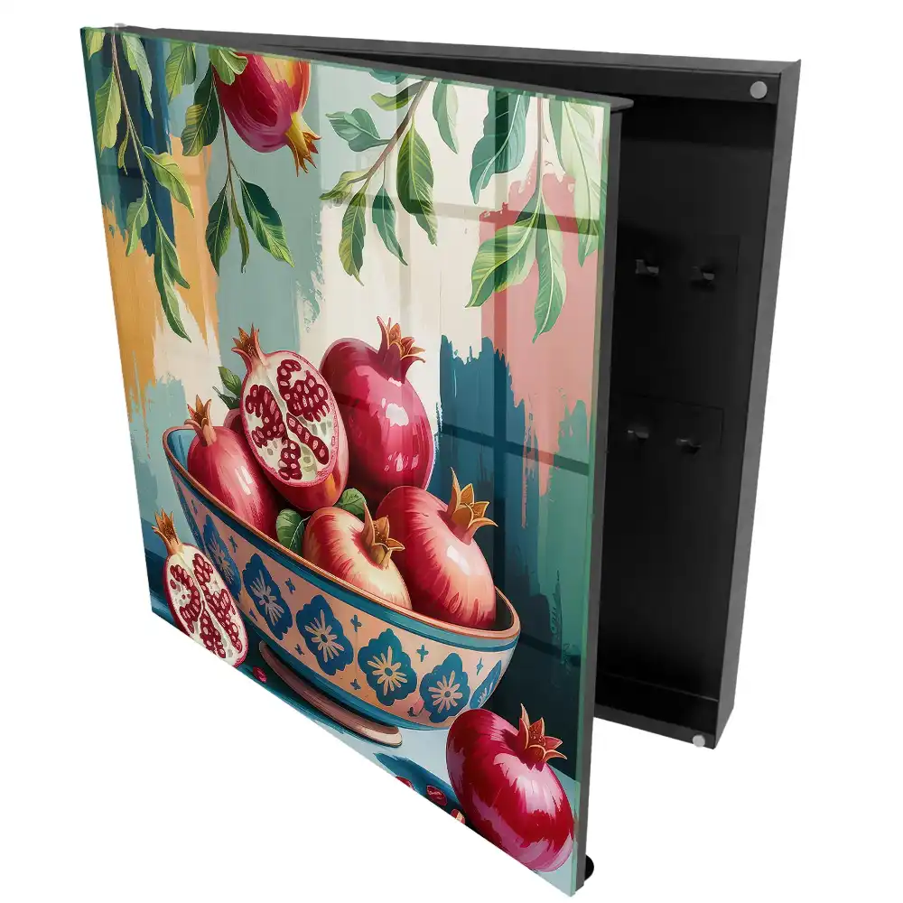 Casetă pentru chei cu design de rodii într-un bol decorativ