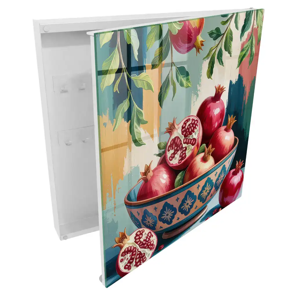 Casetă pentru chei cu design de rodii într-un bol decorativ