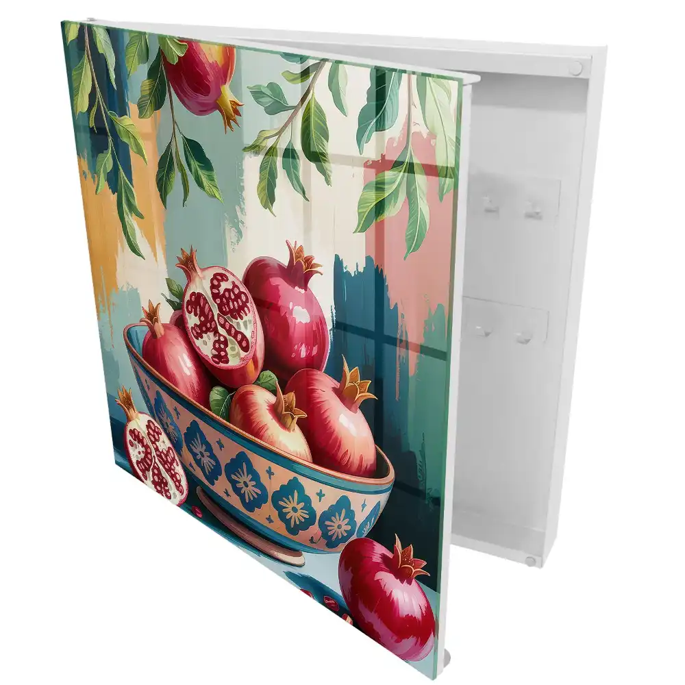 Casetă pentru chei cu design de rodii într-un bol decorativ
