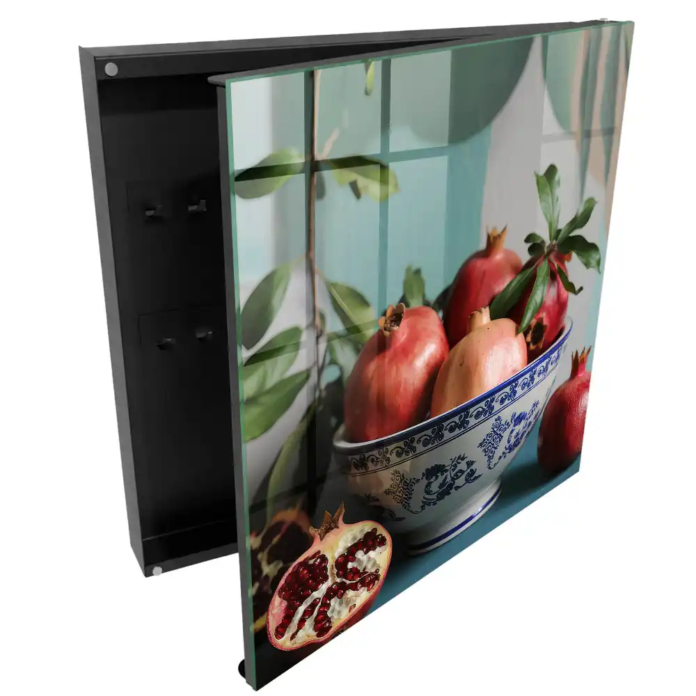 Suport de perete pentru chei cu design tematic rodii pe fundal verde