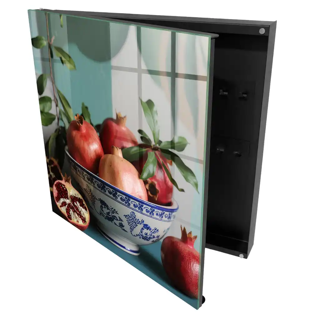 Suport de perete pentru chei cu design tematic rodii pe fundal verde