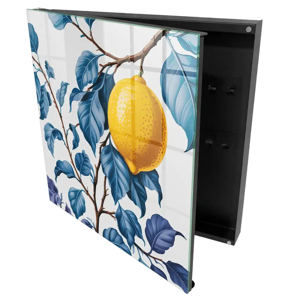 Dulapior pentru chei cu model lămâie printre frunze albastre și detalii decorative