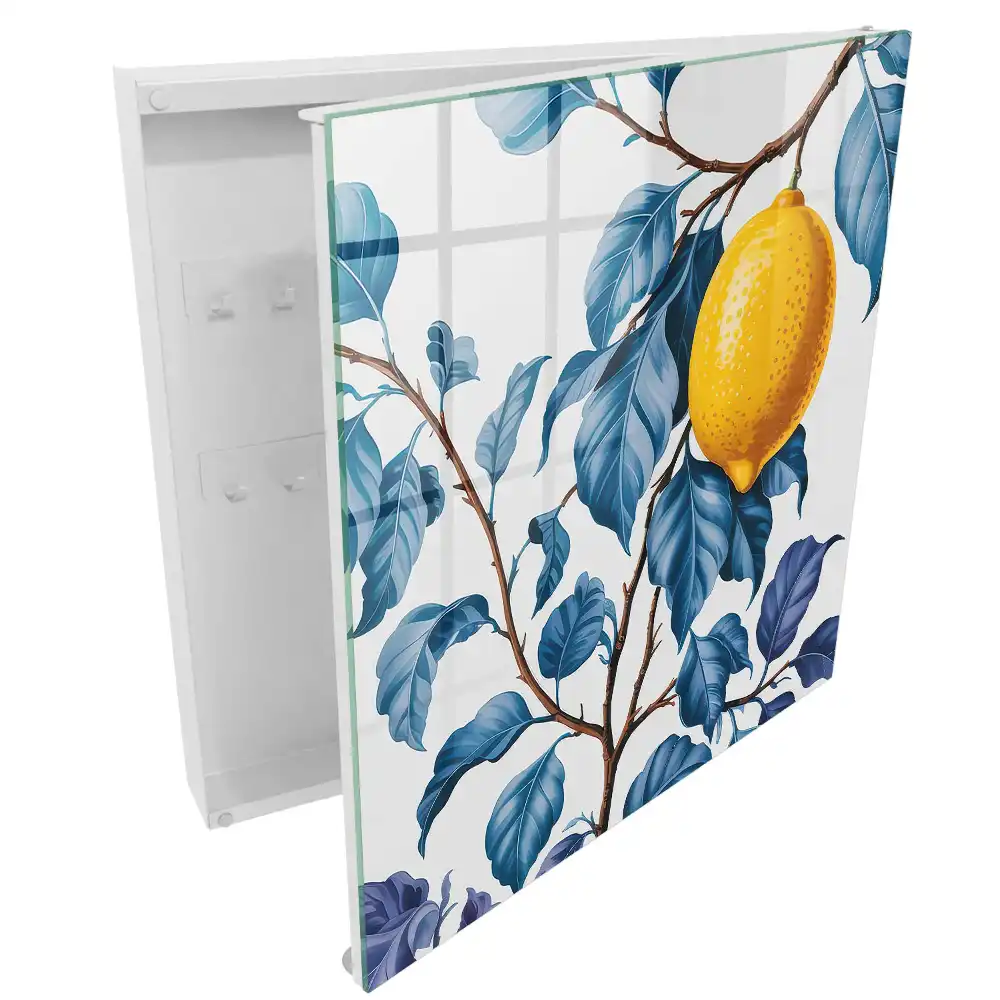 Dulapior pentru chei cu model lămâie printre frunze albastre și detalii decorative
