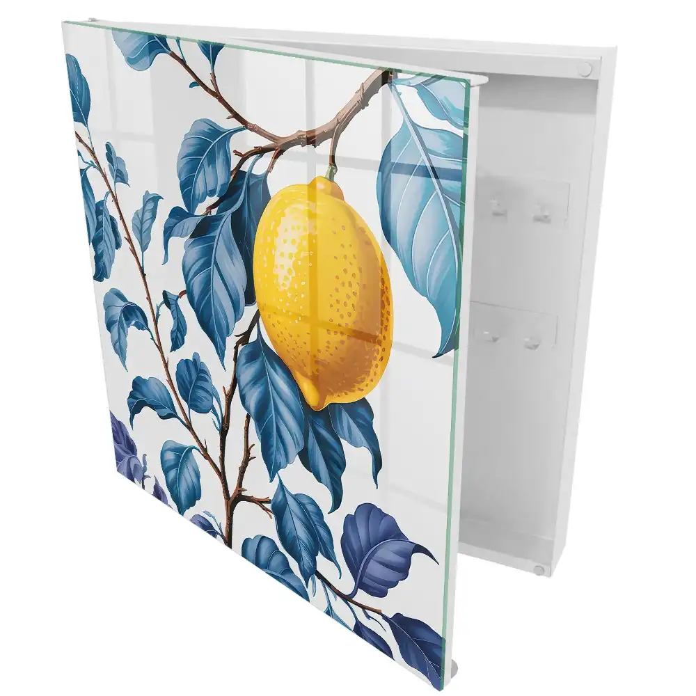Dulapior pentru chei cu model lămâie printre frunze albastre și detalii decorative