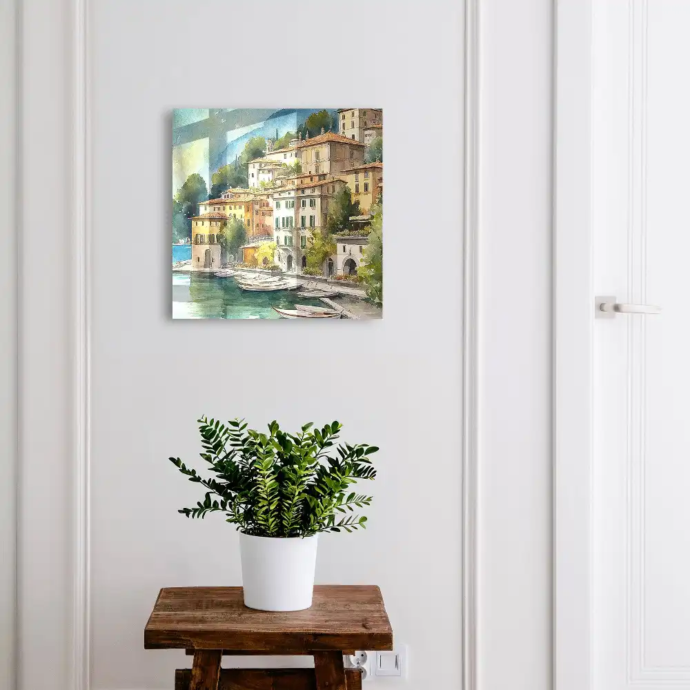 Cutie pentru chei cu design de oraș pe malul lacului sub munți