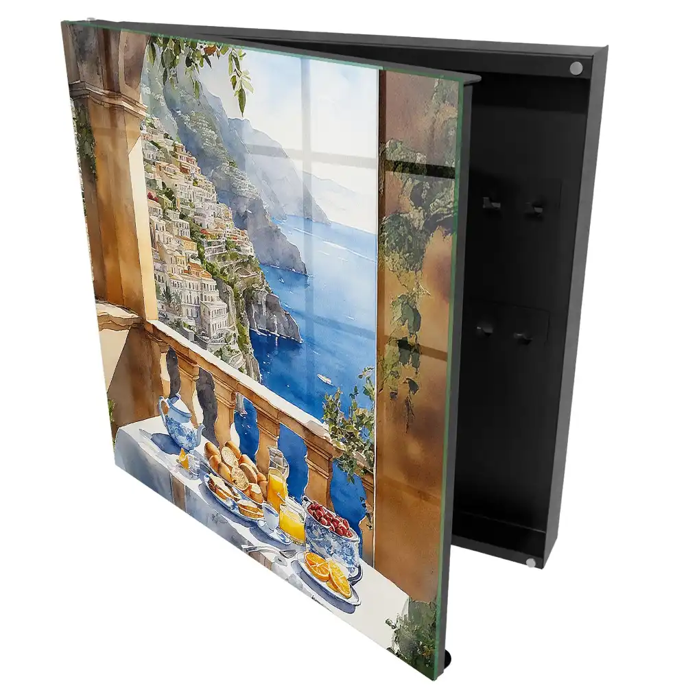 Dulap pentru chei cu design de terasă cu vedere la mare și mic dejun