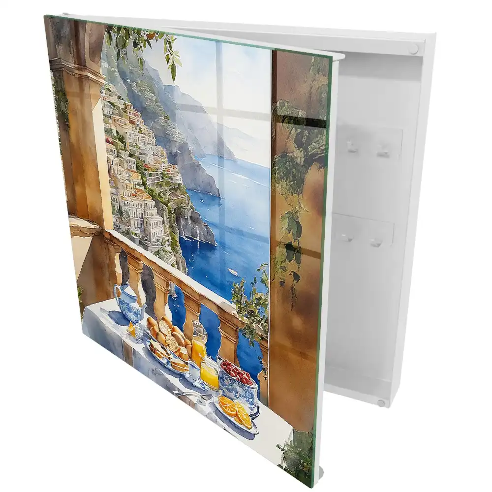 Dulap pentru chei cu design de terasă cu vedere la mare și mic dejun