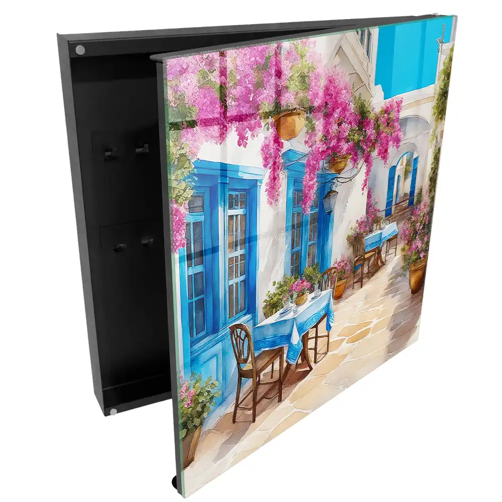 Casetă pentru chei cu design mediteranean reprezentând flori și cerul