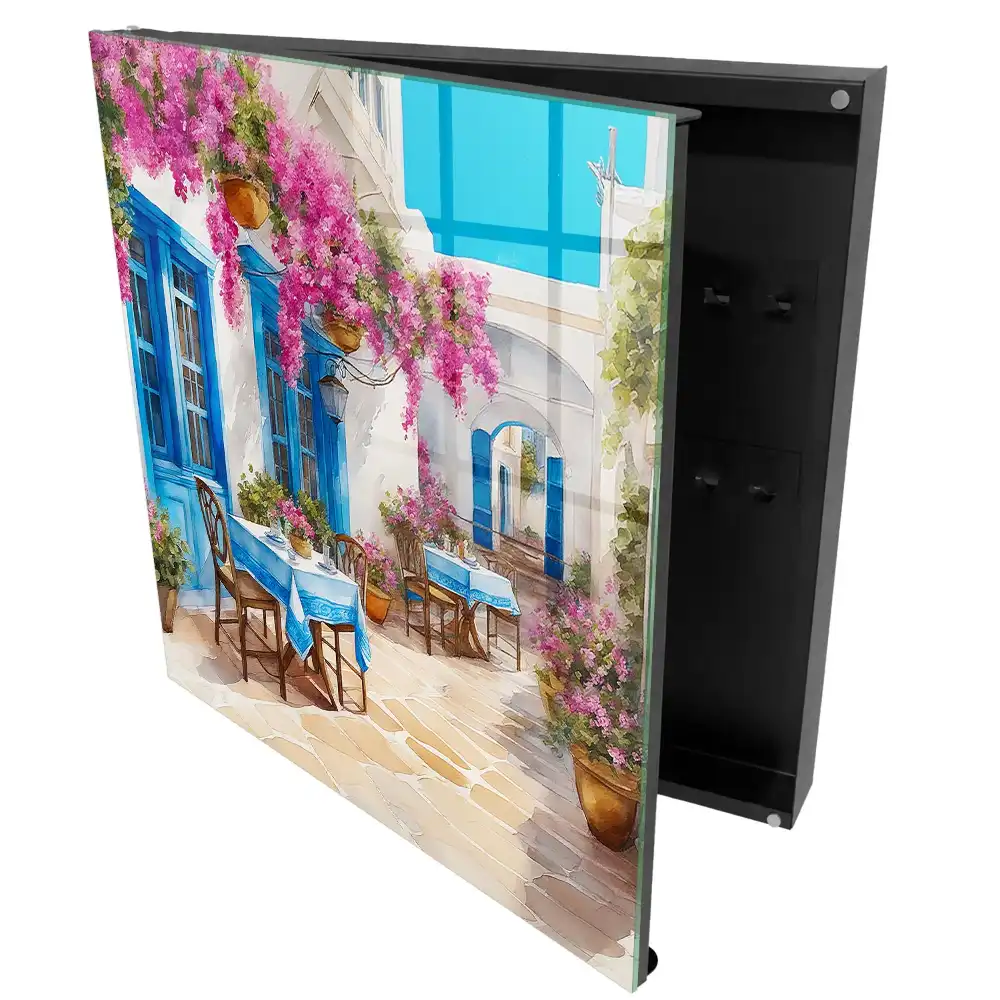 Casetă pentru chei cu design mediteranean reprezentând flori și cerul