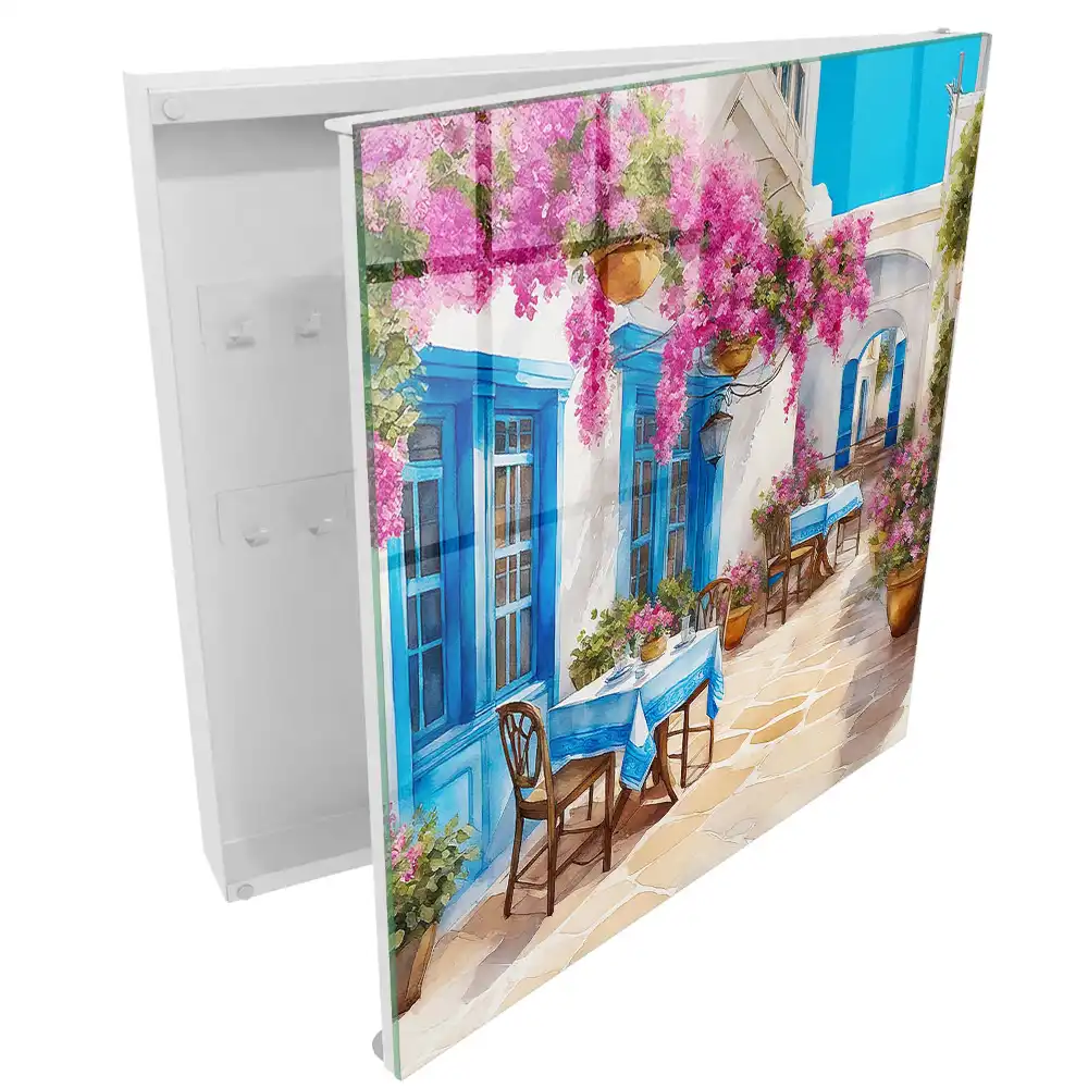 Casetă pentru chei cu design mediteranean reprezentând flori și cerul