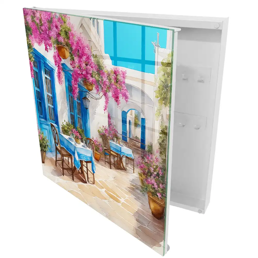 Casetă pentru chei cu design mediteranean reprezentând flori și cerul