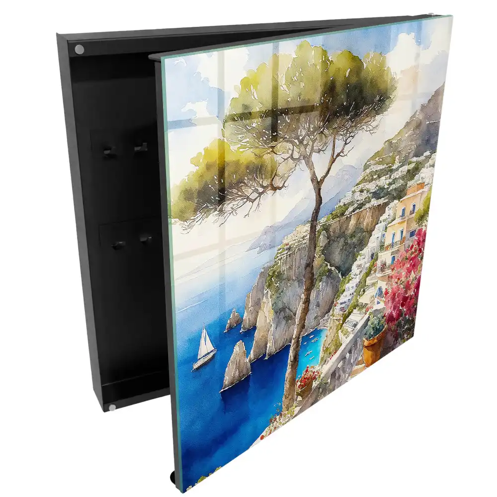Cuier de perete pentru chei mare cu design peisaj cu dealuri verzi și cer albastru